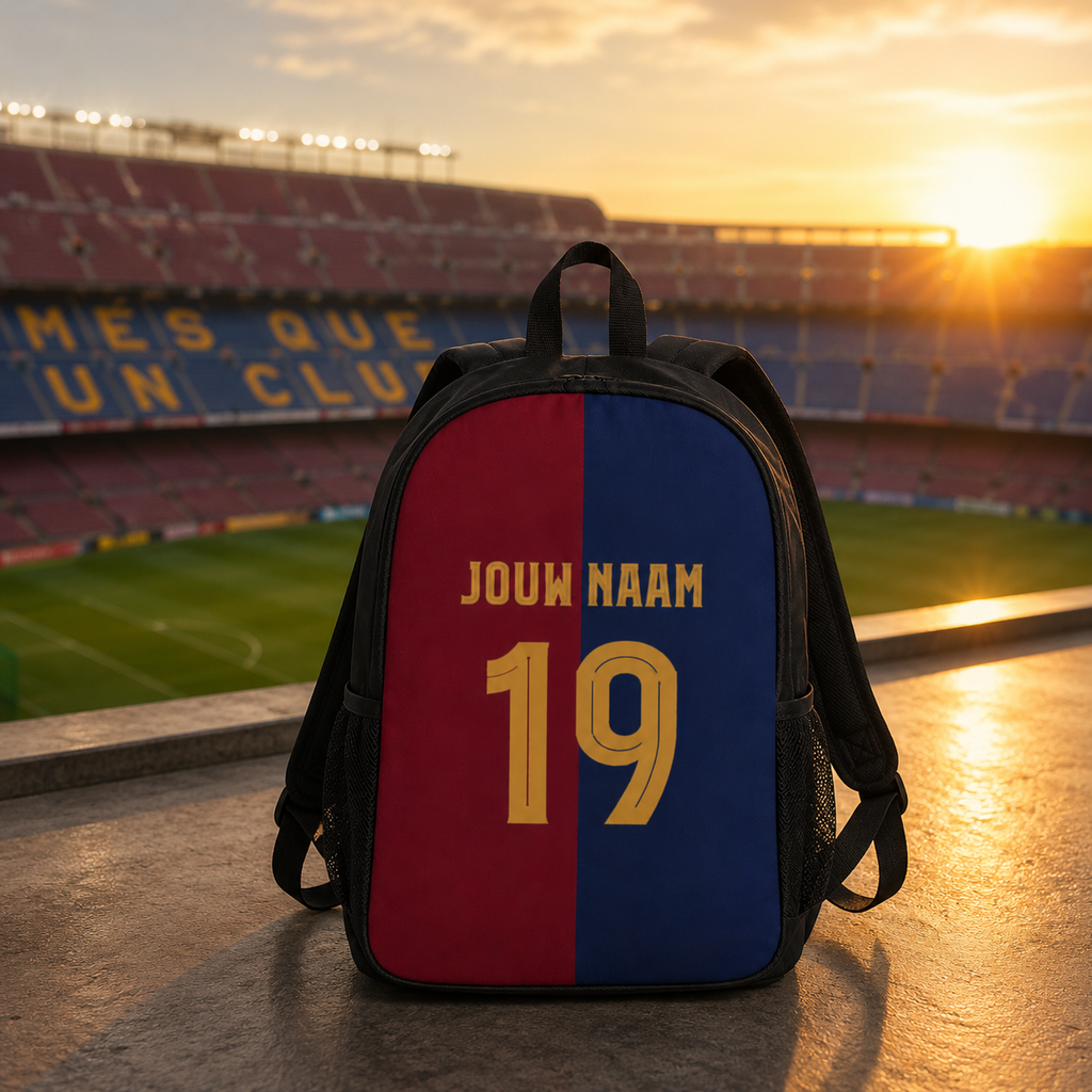 FC Barcelona rugzak met naam en rugnummer – detail van het rood-blauwe kleurblokdesign