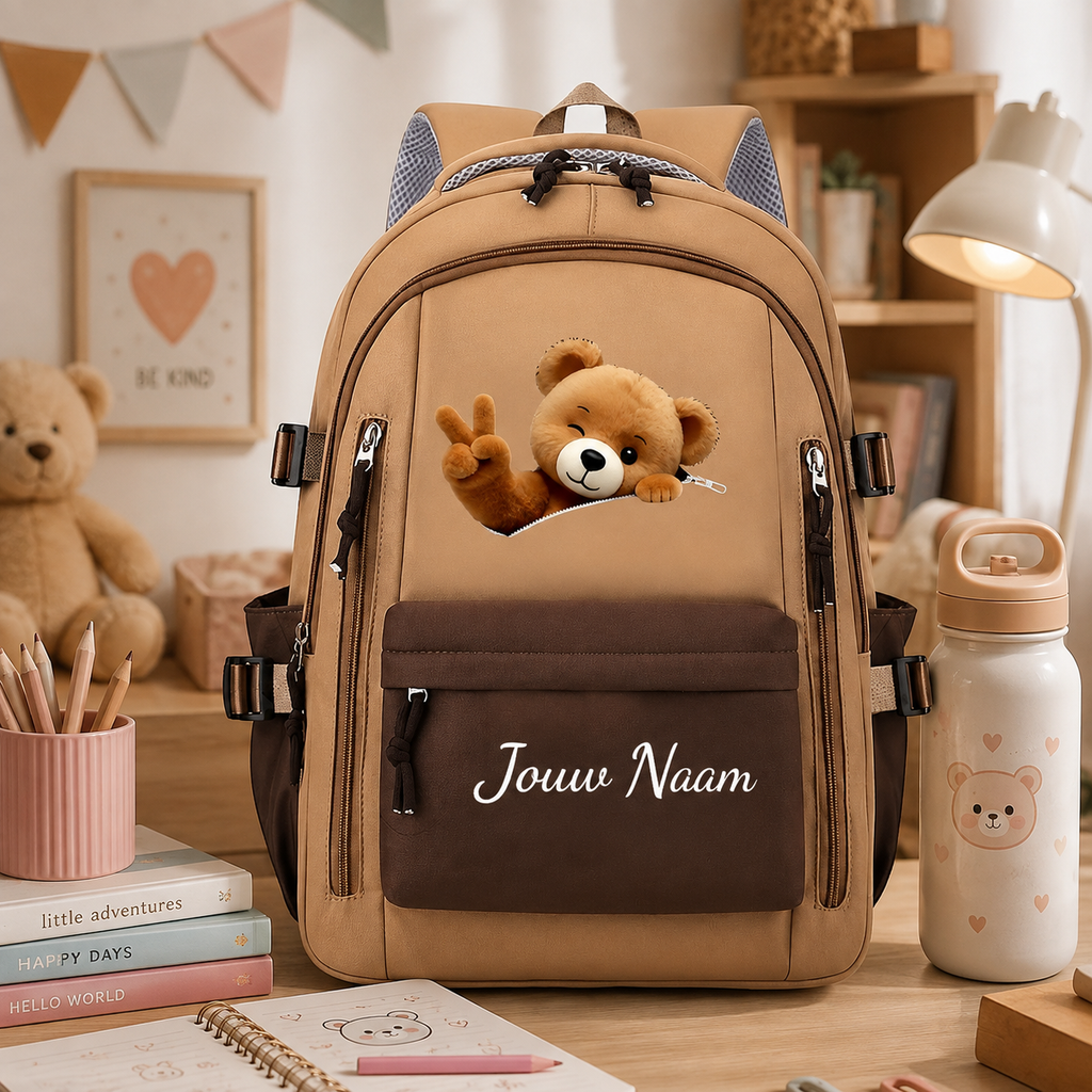 Beren rugzak met naam, stijl 1 — teddybeer op de klep, beige met bruine zijvakken