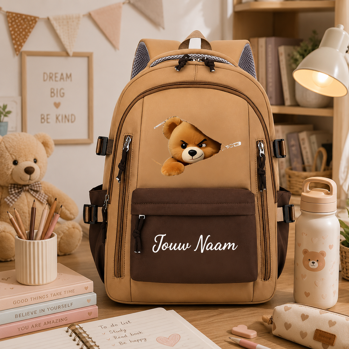 Beren rugzak met naam, stijl 2 — beige met bruin voorvak