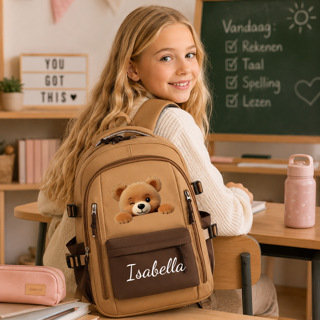 Meisje draagt de beige beren rugzak met naam in de klas