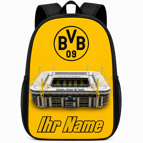 Zwart-gele Borussia Dortmund rugzak met eigen naam en stadionprint op de voorkant