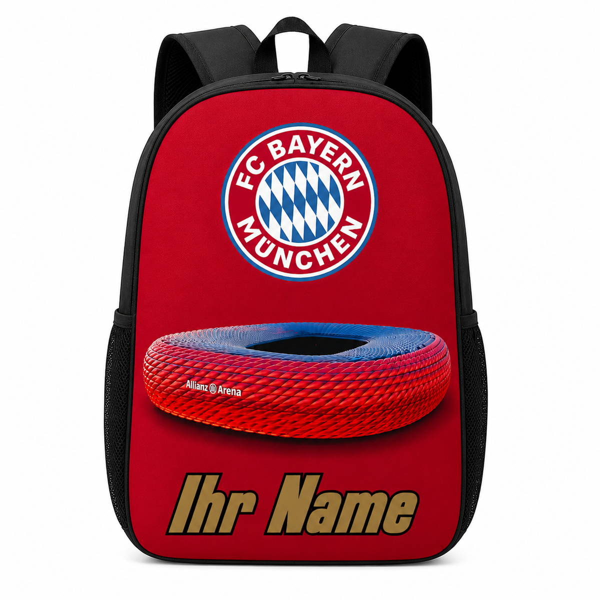 Rode FC Bayern München rugzak met eigen naam en stadionprint op de voorkant