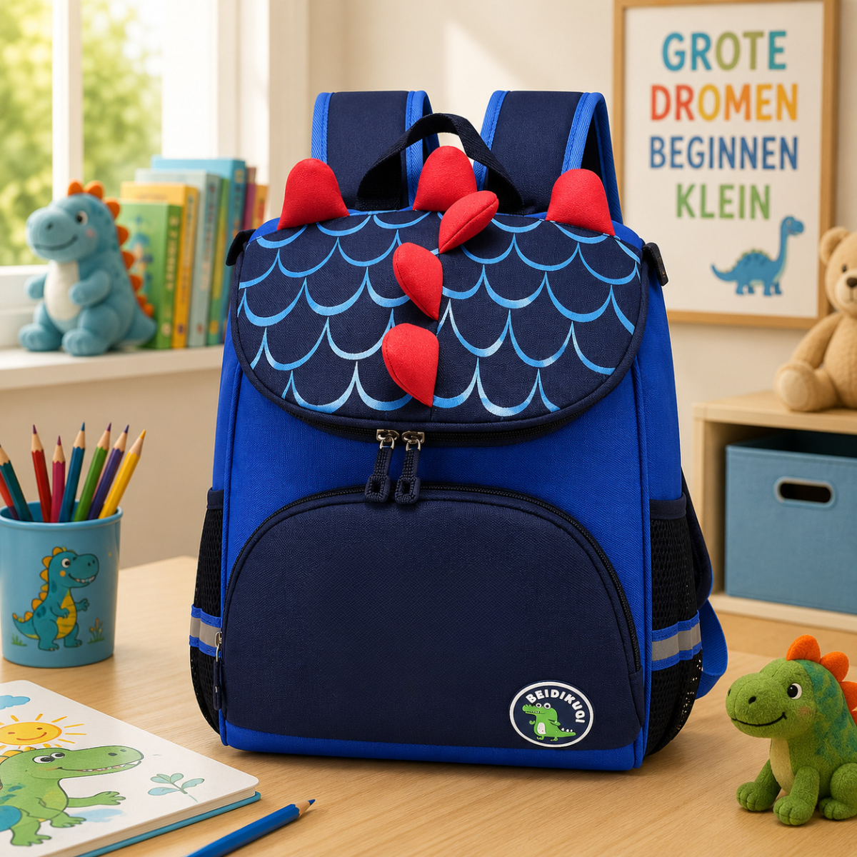 Blauwe dinosaurus rugzak voor kinderen met rode stekels