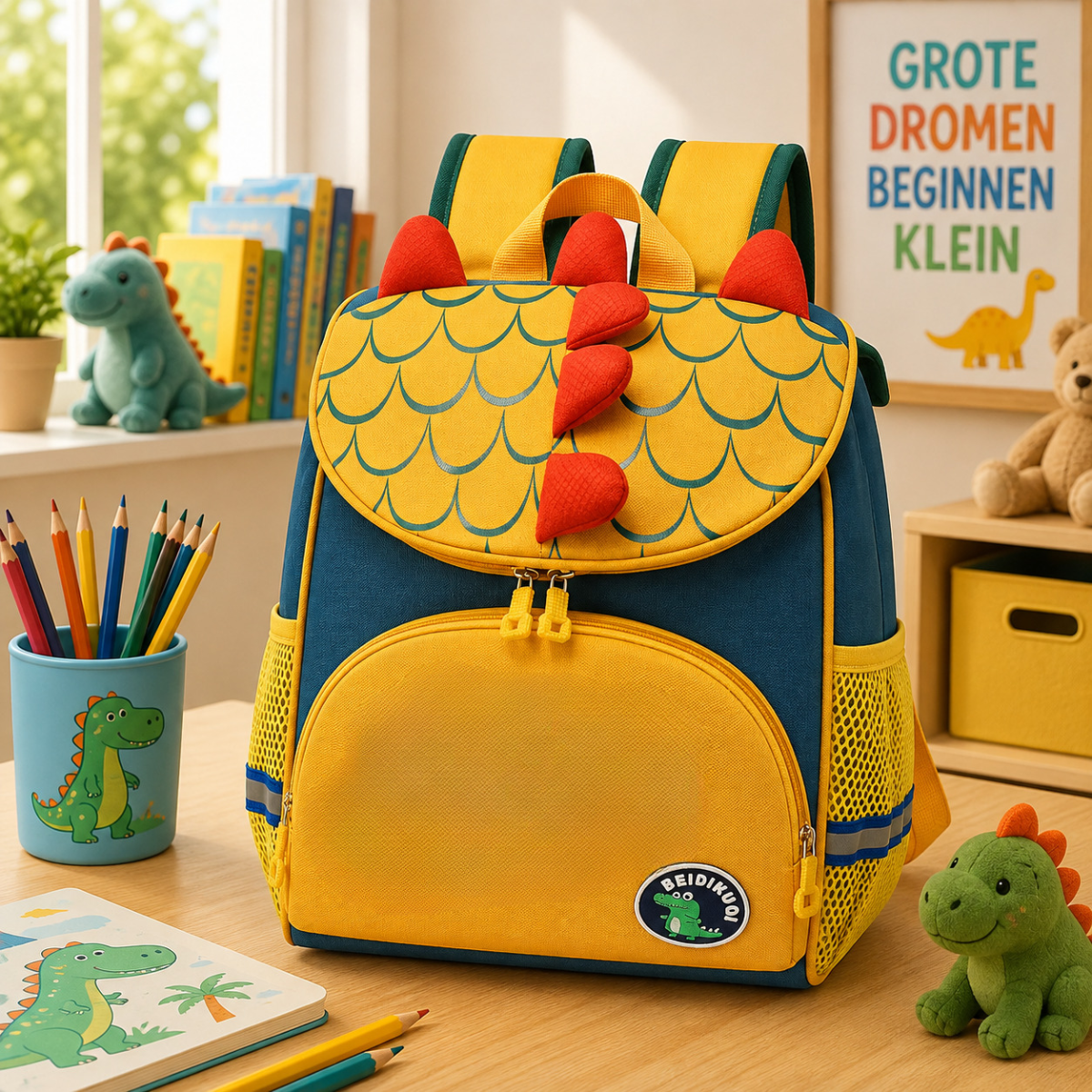Gele dinosaurus rugzak voor kinderen met rode stekels