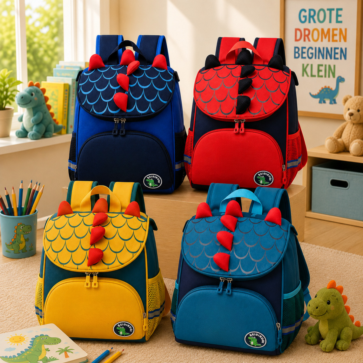 Dinosaurus rugzak voor kinderen in 4 kleuren: blauw, rood, geel en lichtblauw