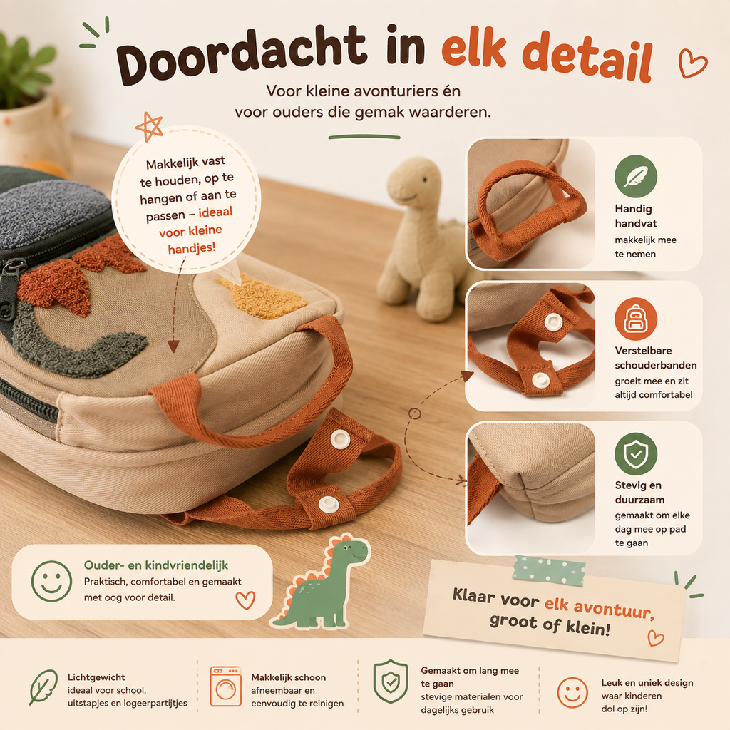 Details van de dinosaurus rugzak: handgreep, verstelbare schouderbanden en zachte pluche stekels