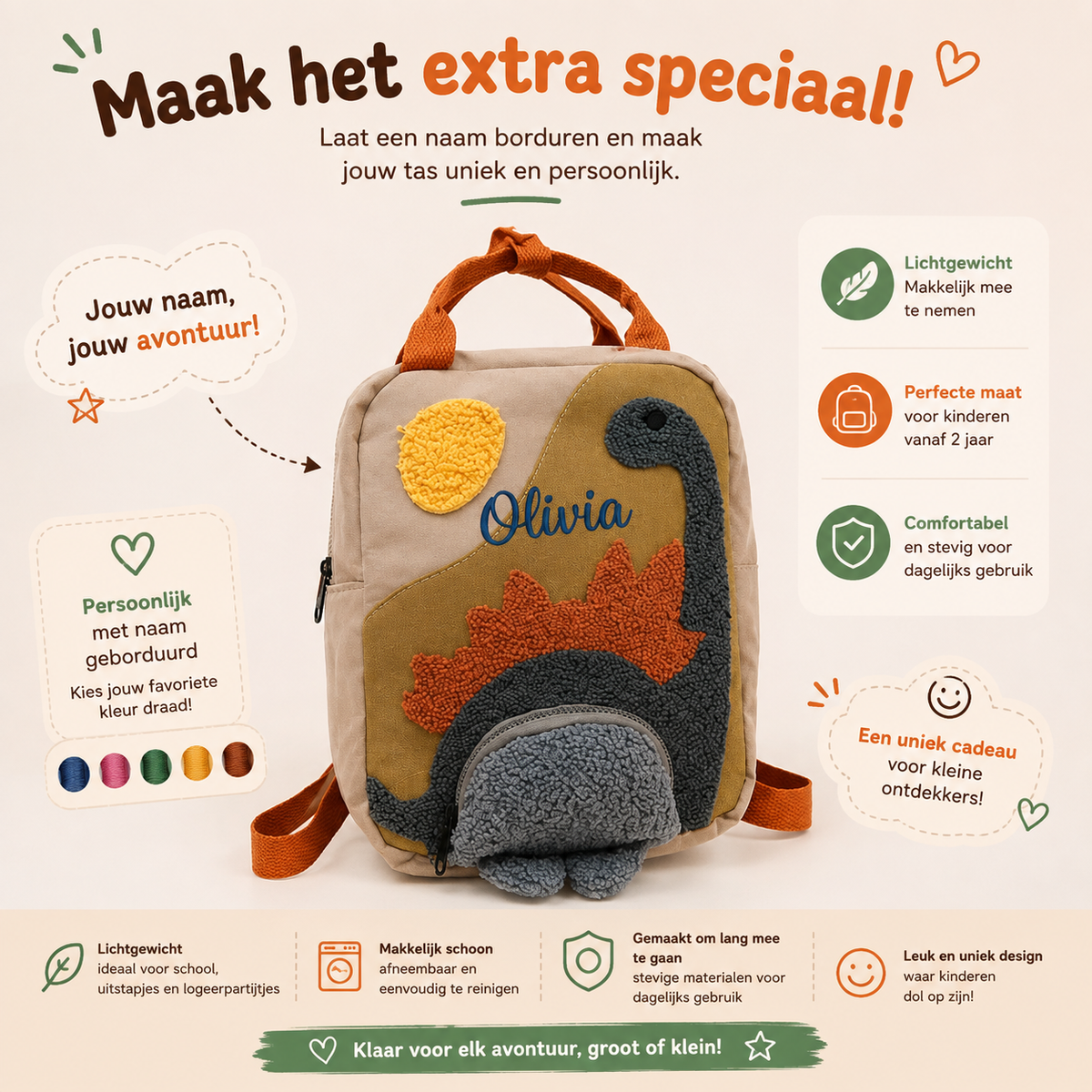 Dinosaurus rugzak met de geborduurde naam Olivia