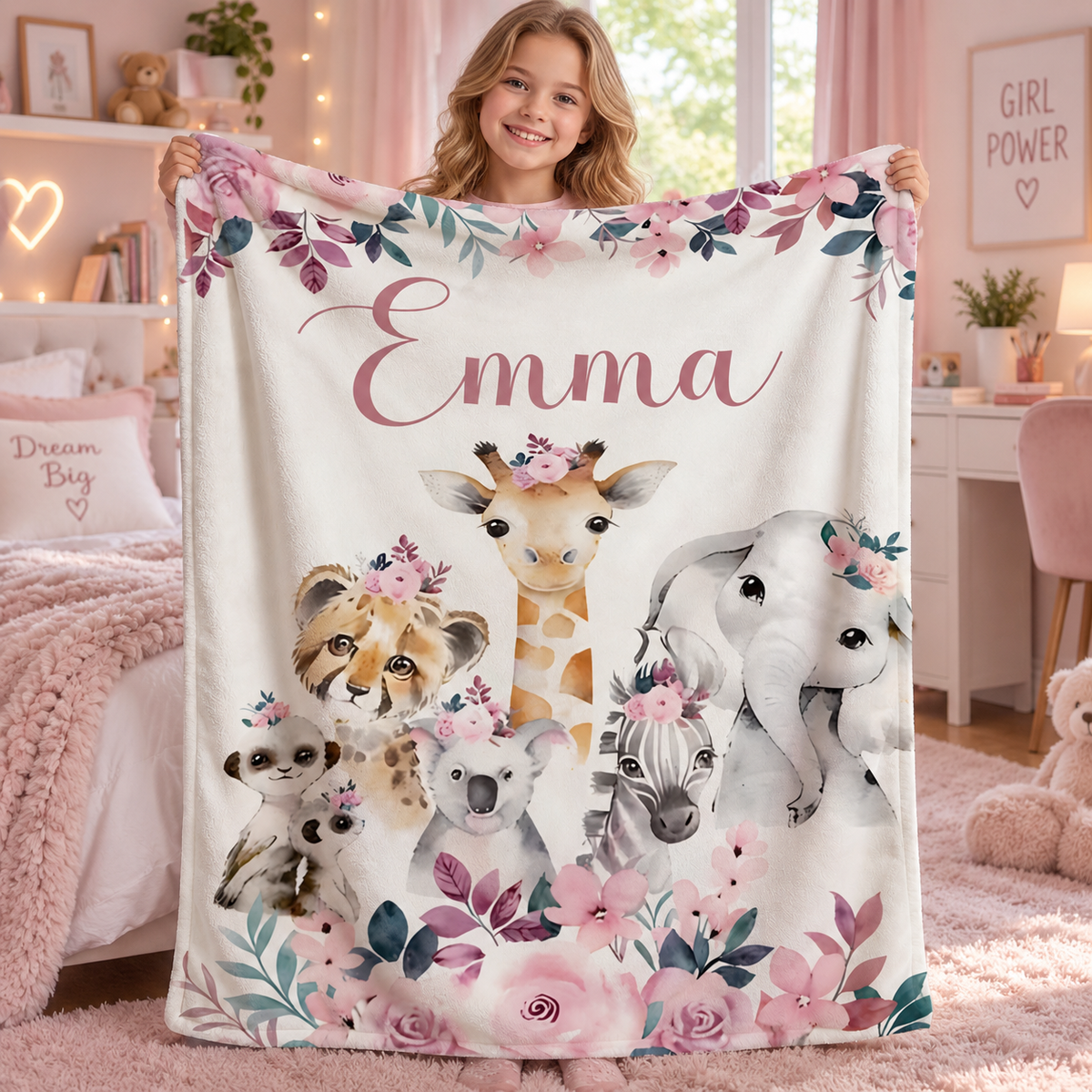 Fleece deken met naam en aquarel dieren