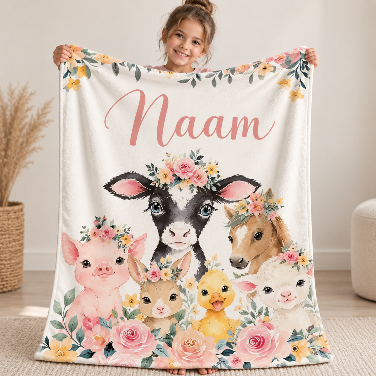 Fleece deken met naam — ontwerp Boerderijdieren
