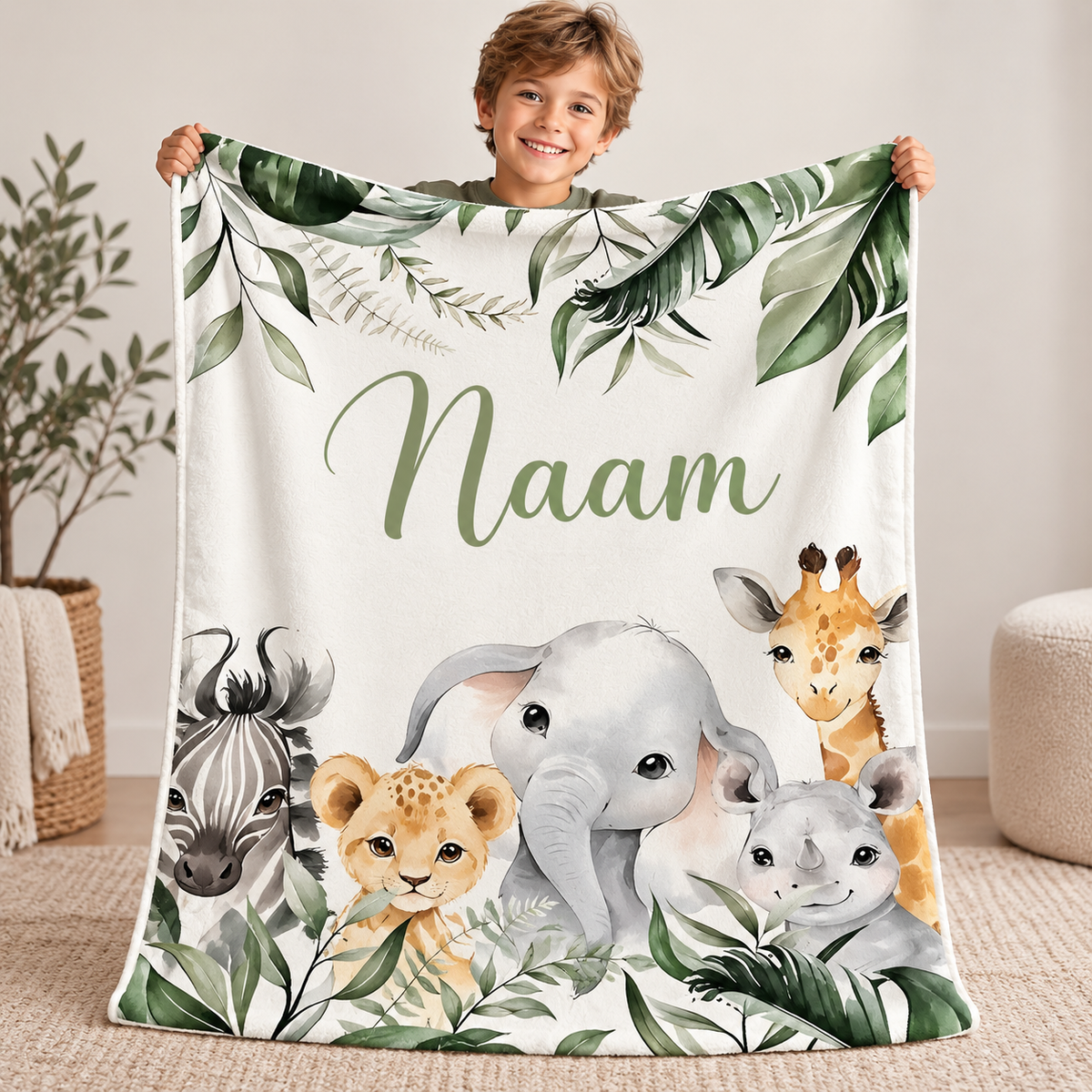 Fleece deken met naam — ontwerp Safari Groene Bladeren