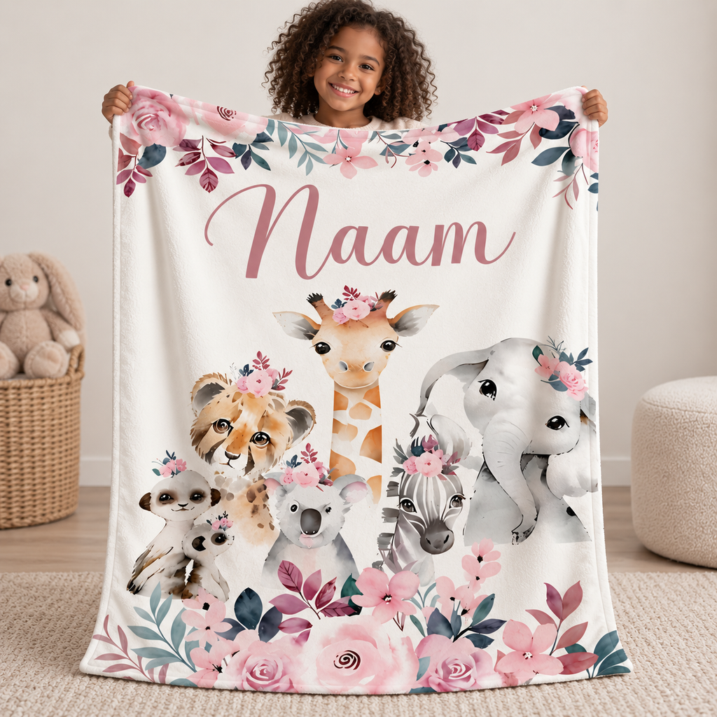 Fleece deken met naam — ontwerp Safari Roze Bloemen