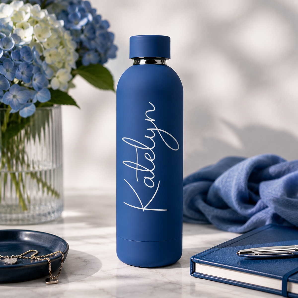 Blauwe RVS drinkfles met gegraveerde naam