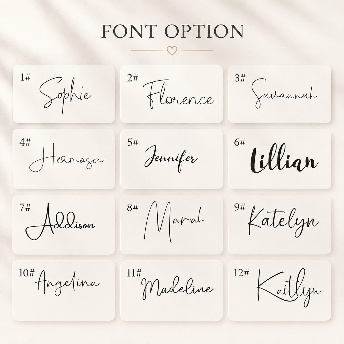 De twaalf lettertypes waarin de naam op de drinkfles gegraveerd kan worden