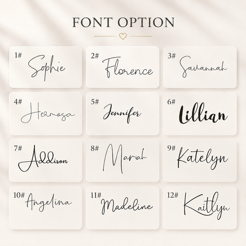 De twaalf lettertypes waarin de naam op de drinkfles gegraveerd kan worden