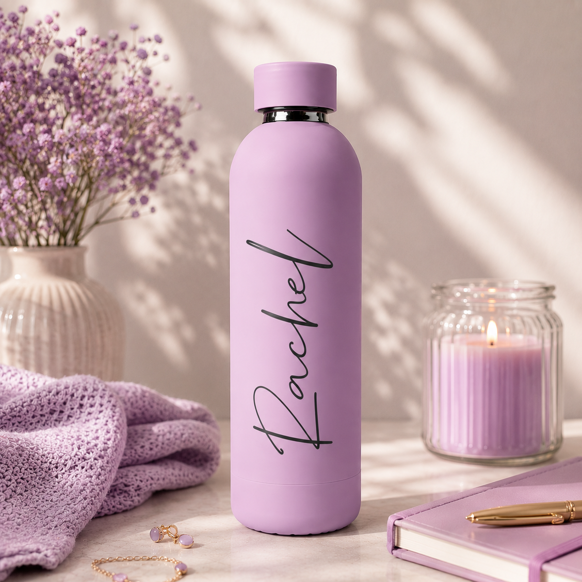 Lila RVS drinkfles met gegraveerde naam