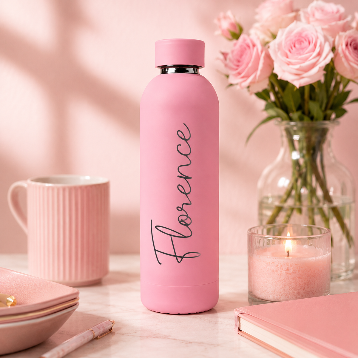 Roze RVS drinkfles met gegraveerde naam