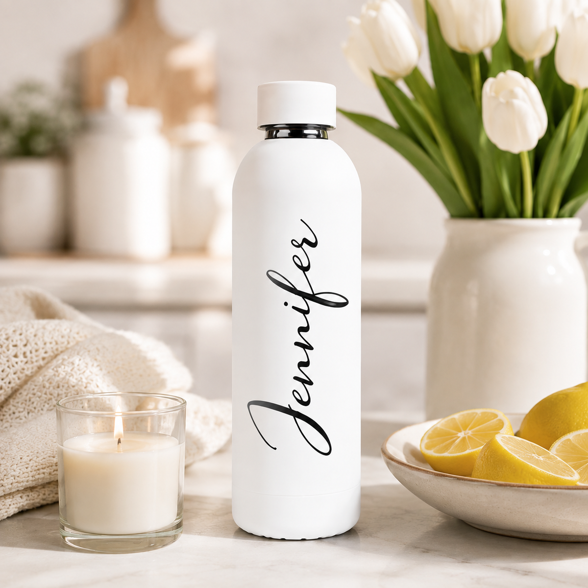 Witte RVS drinkfles met gegraveerde naam