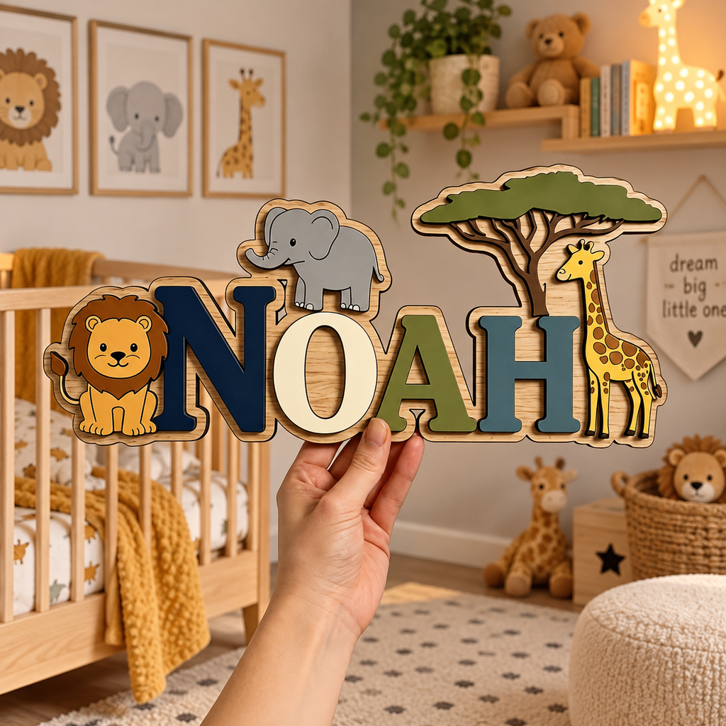 Houten naambord met jungledieren aan de muur in de kinderkamer