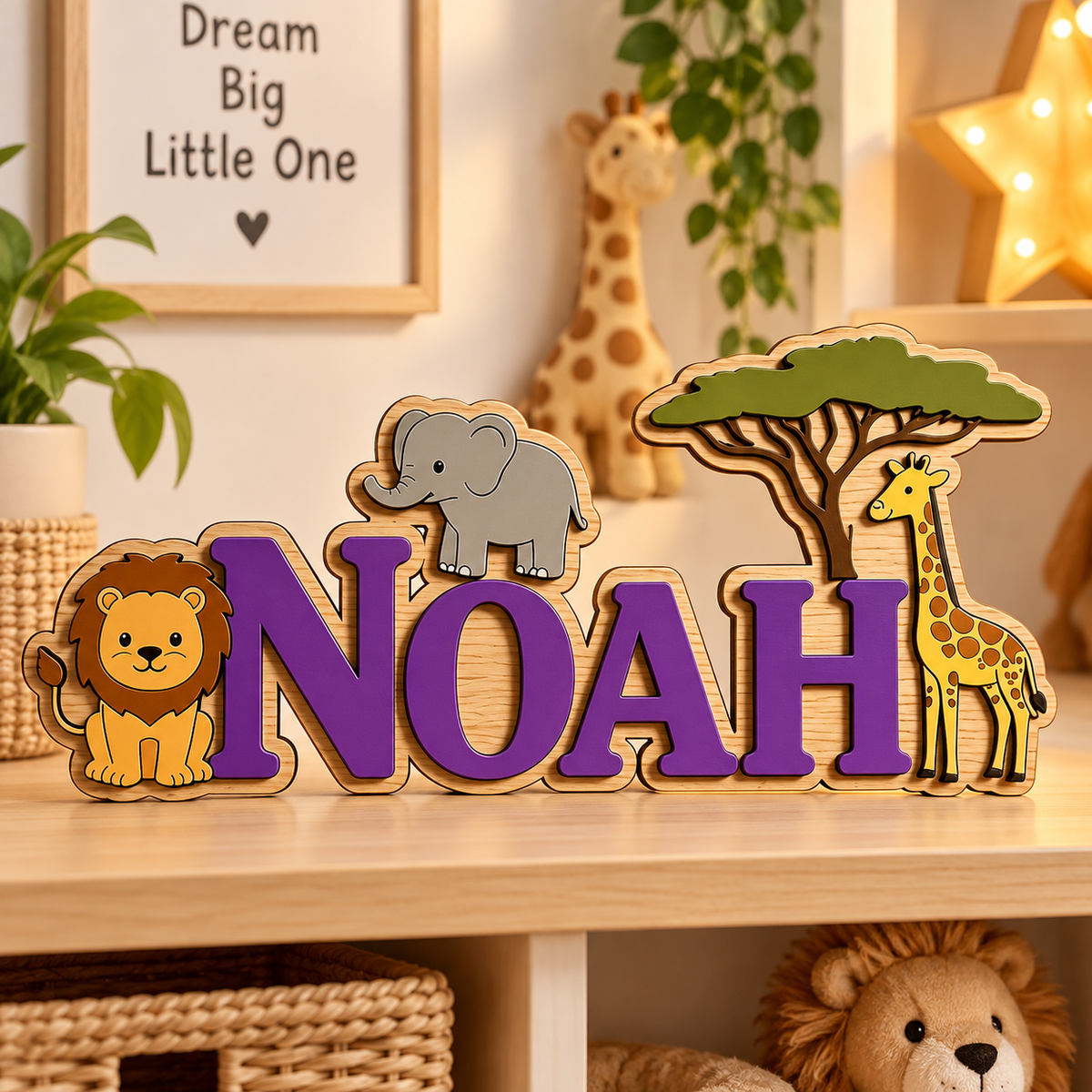 Houten naambord met naam in paarse letters