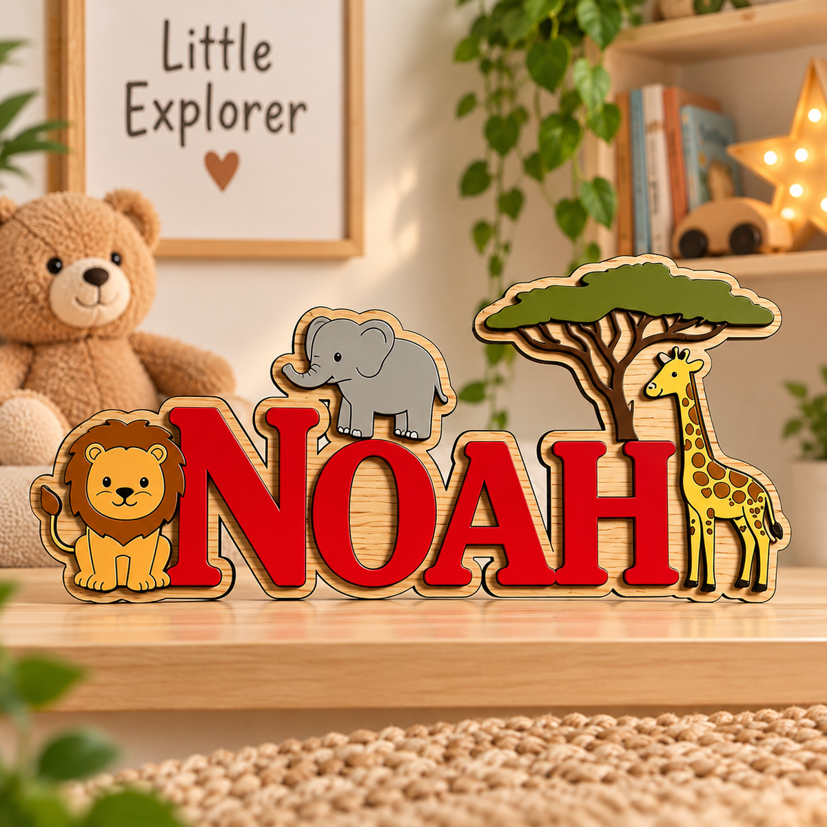 Houten naambord met naam in rode letters