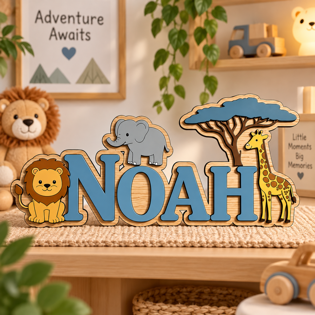 Houten naambord met naam in blauwe letters
