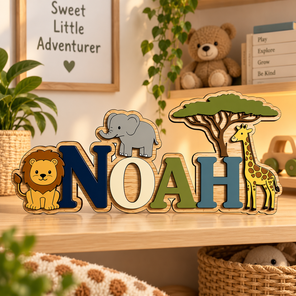 Houten naambord met jungledieren en naam in veelkleurige letters