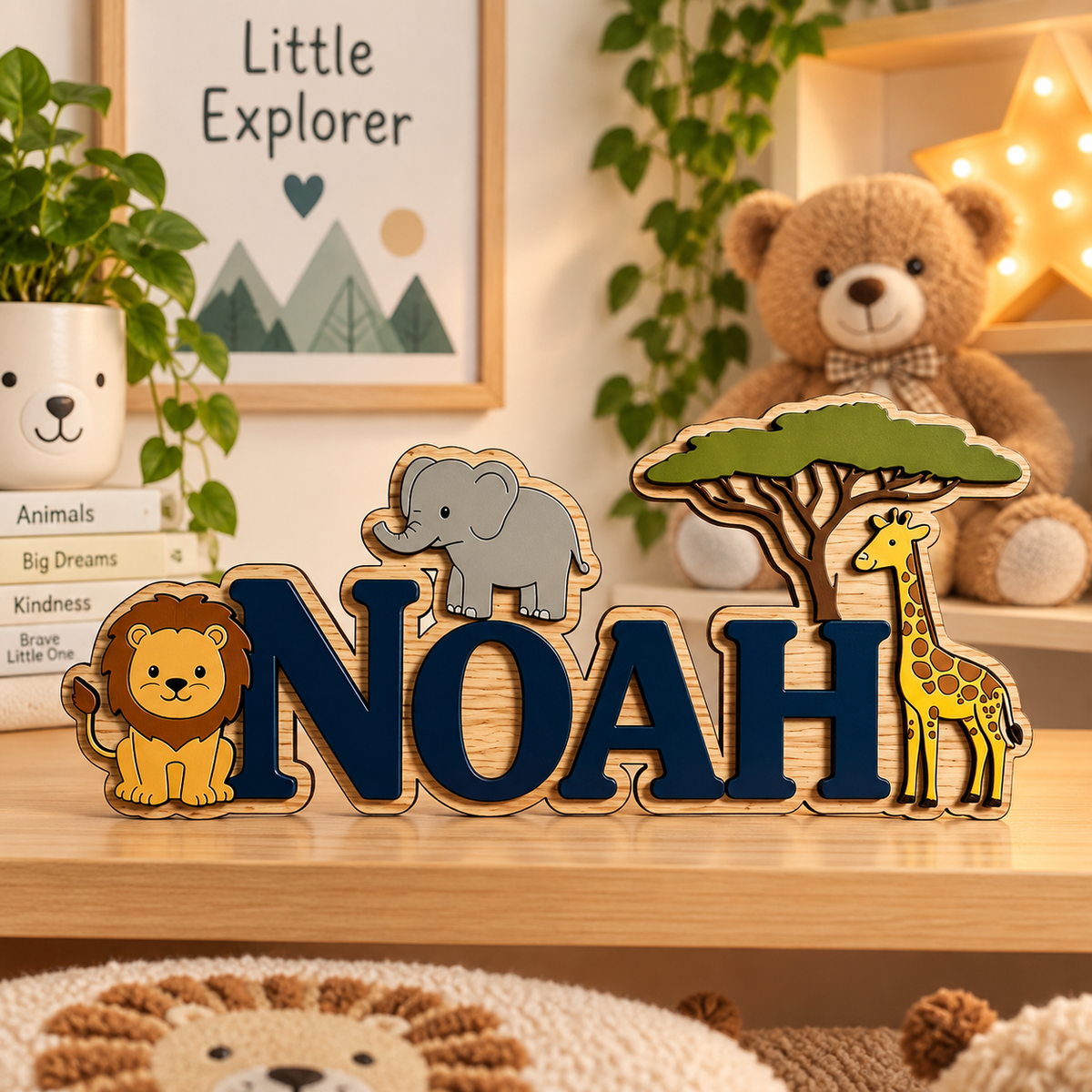 Houten naambord met naam in marineblauwe letters
