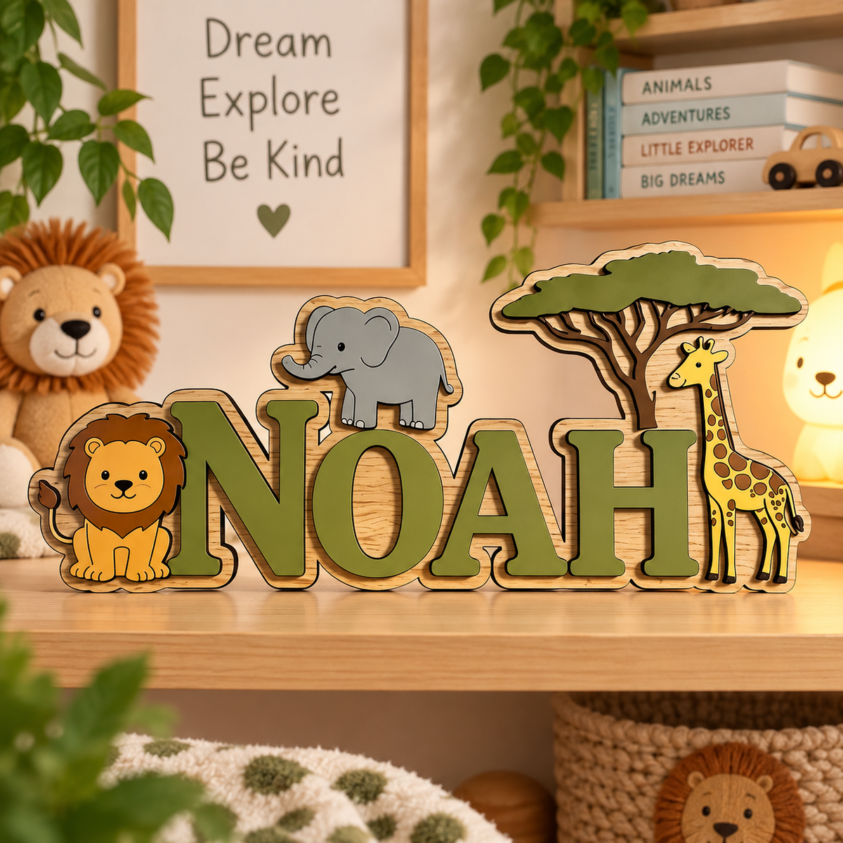 Houten naambord met naam in groene letters
