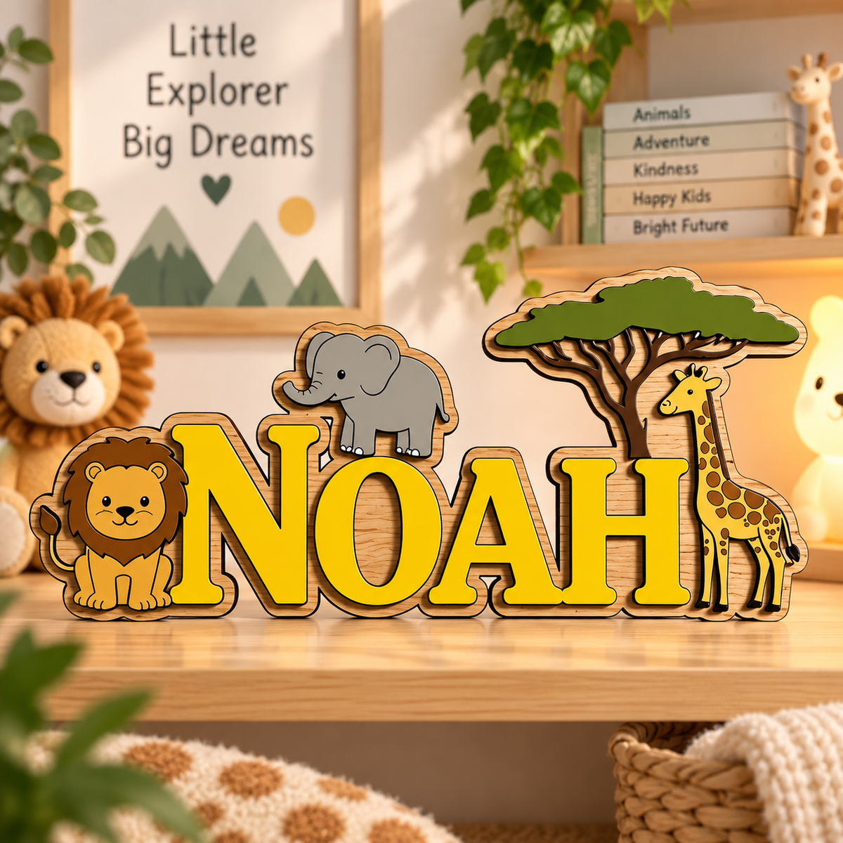 Houten naambord met naam in gele letters