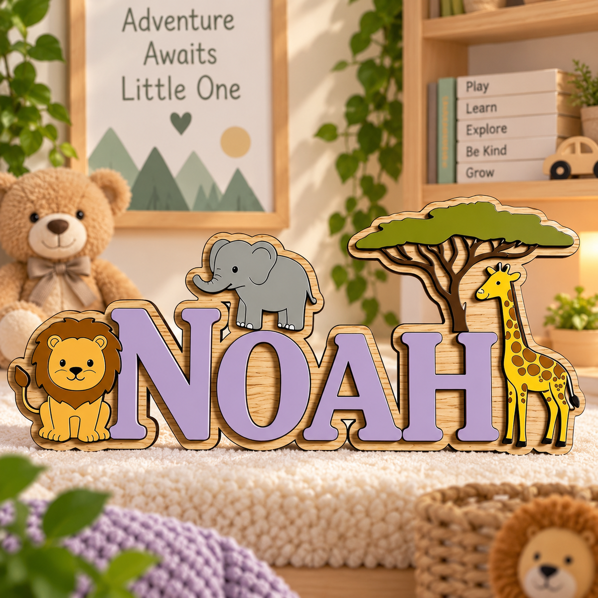 Houten naambord met naam in lila letters