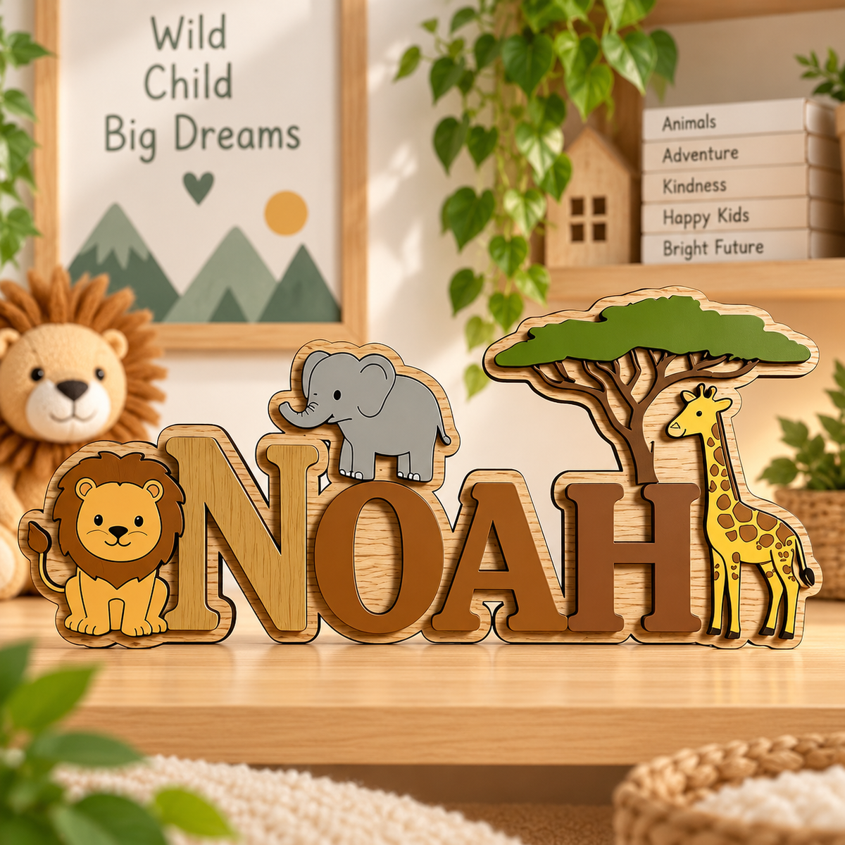 Houten naambord met naam in naturel bruine letters