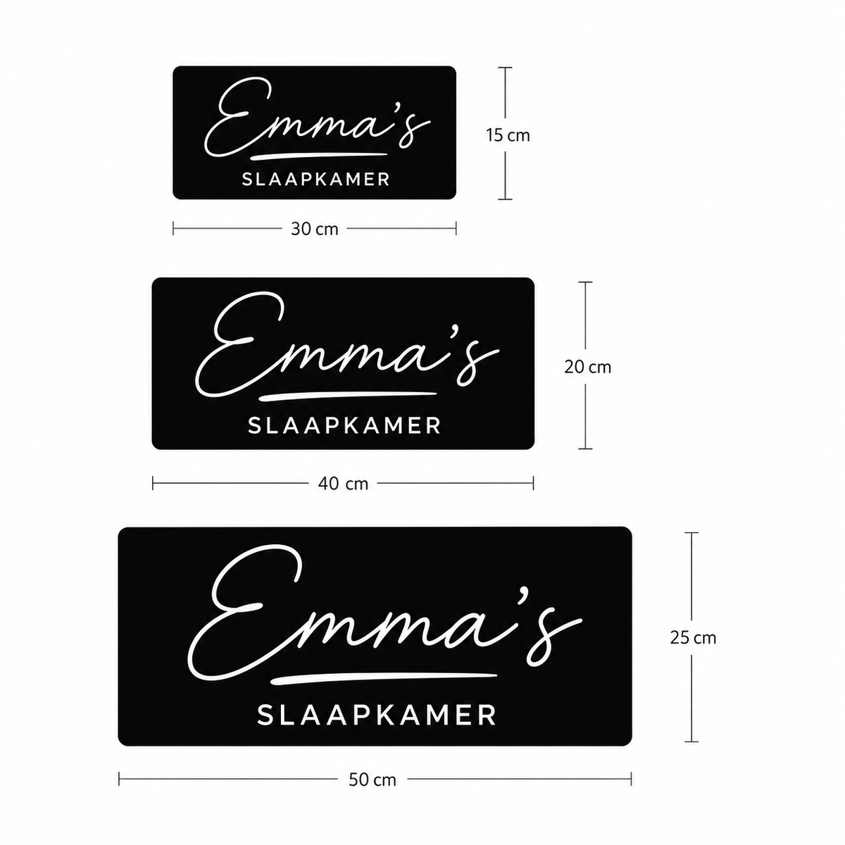 Formatenvergelijking neon naamlamp: 30 x 15, 40 x 20 en 50 x 25 cm