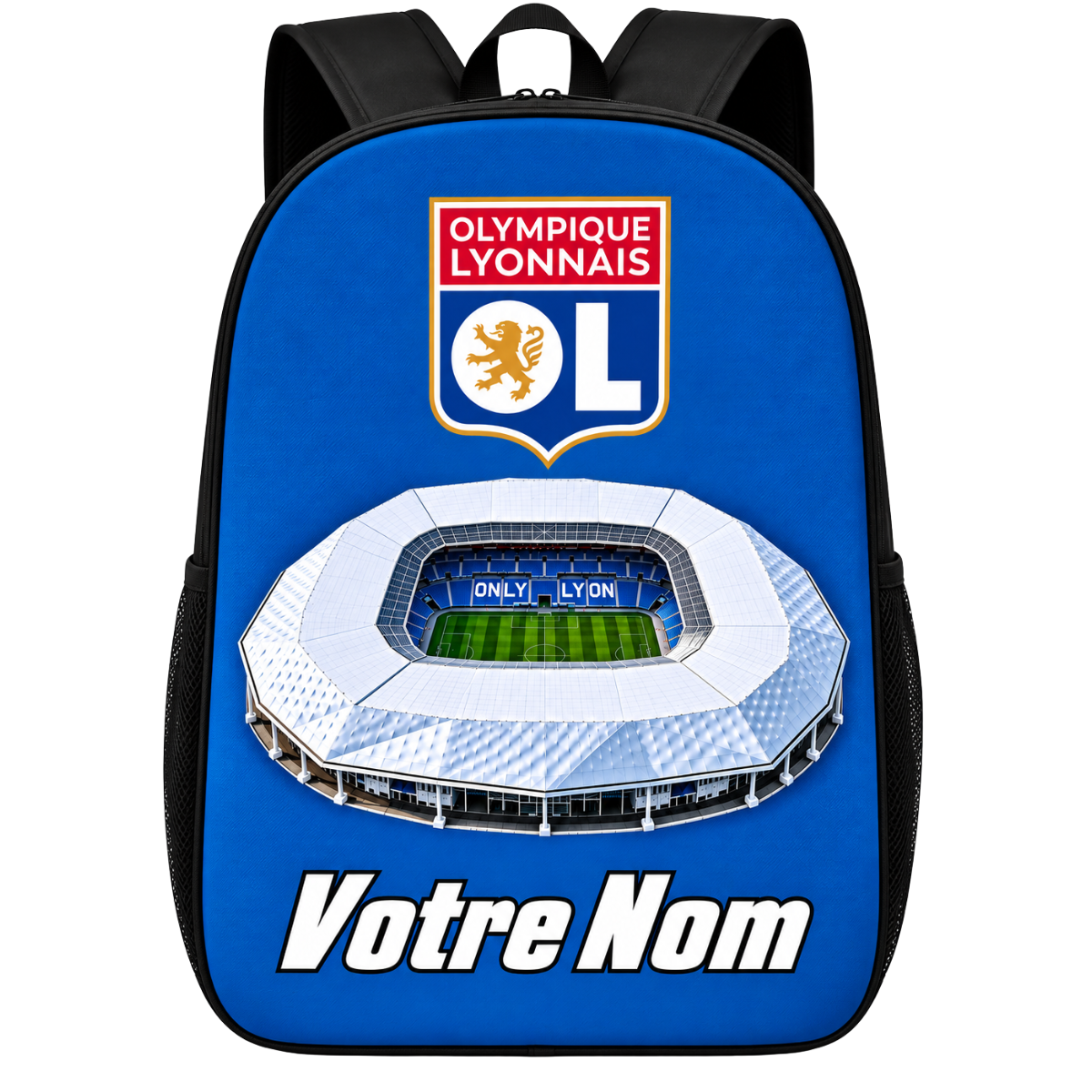 Olympique Lyonnais rugzak met eigen naam — clubembleem en stadion op de voorkant
