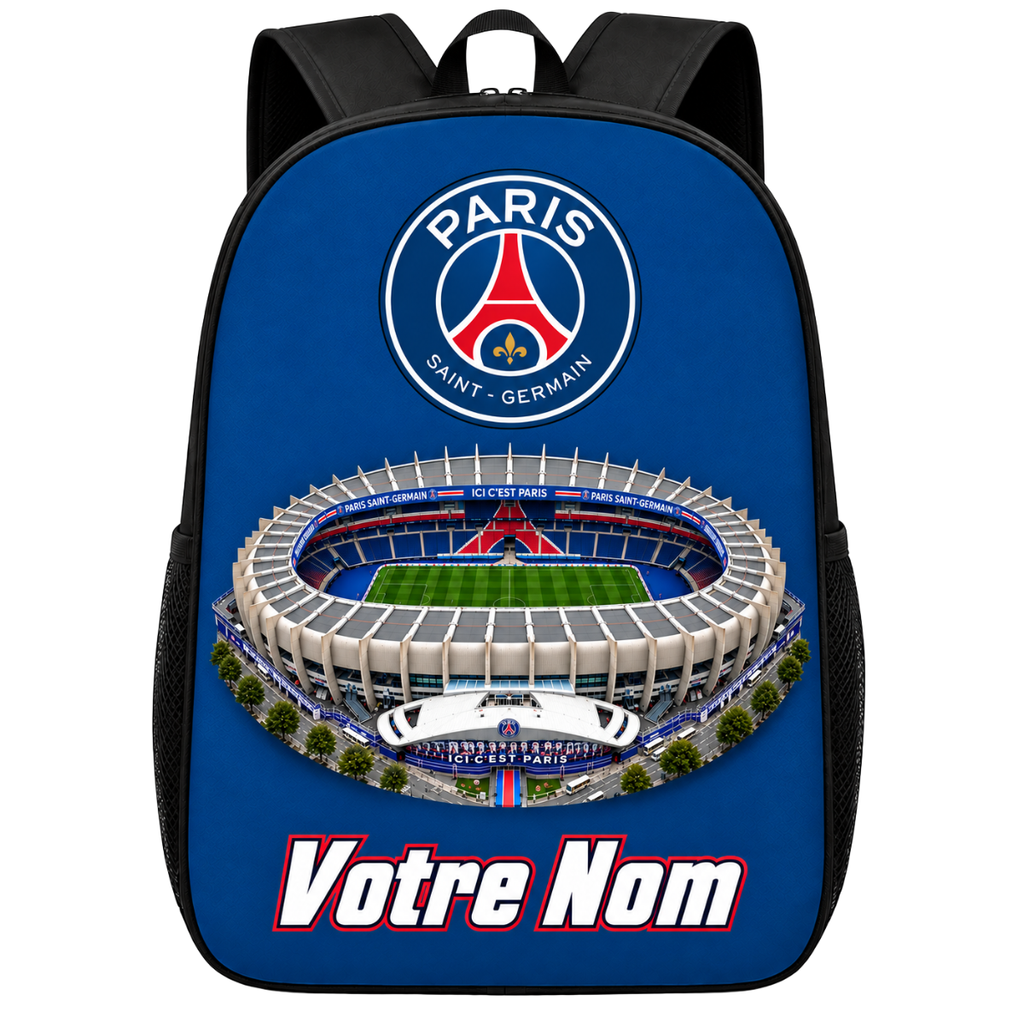 Paris Saint-Germain rugzak met eigen naam — clubembleem en stadion op de voorkant