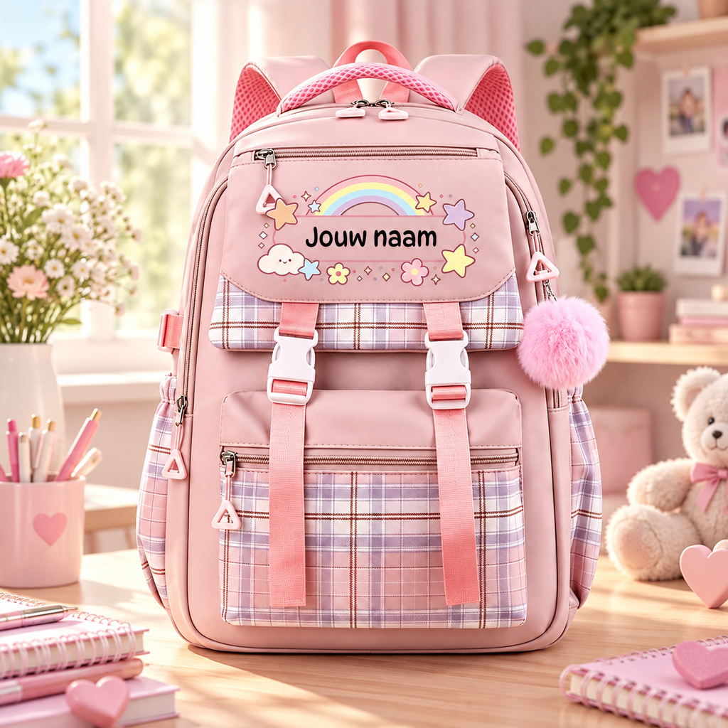 Roze RainbowPack schoolrugzak met naam op regenboogpatch en geruite klep