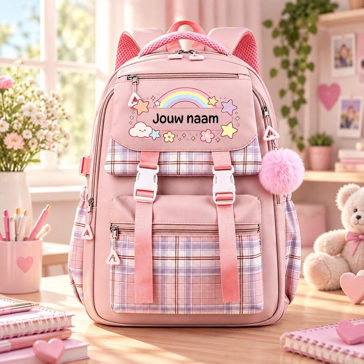 Roze RainbowPack schoolrugzak met naam op regenboogpatch en geruite klep