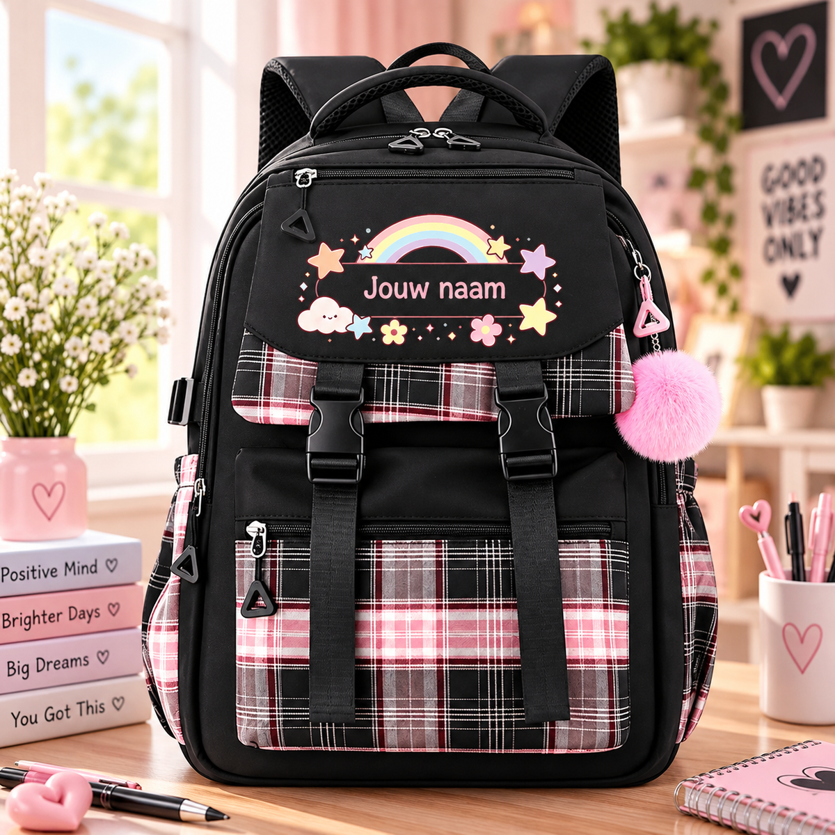 Zwarte RainbowPack schoolrugzak met naam en roze geruite klep