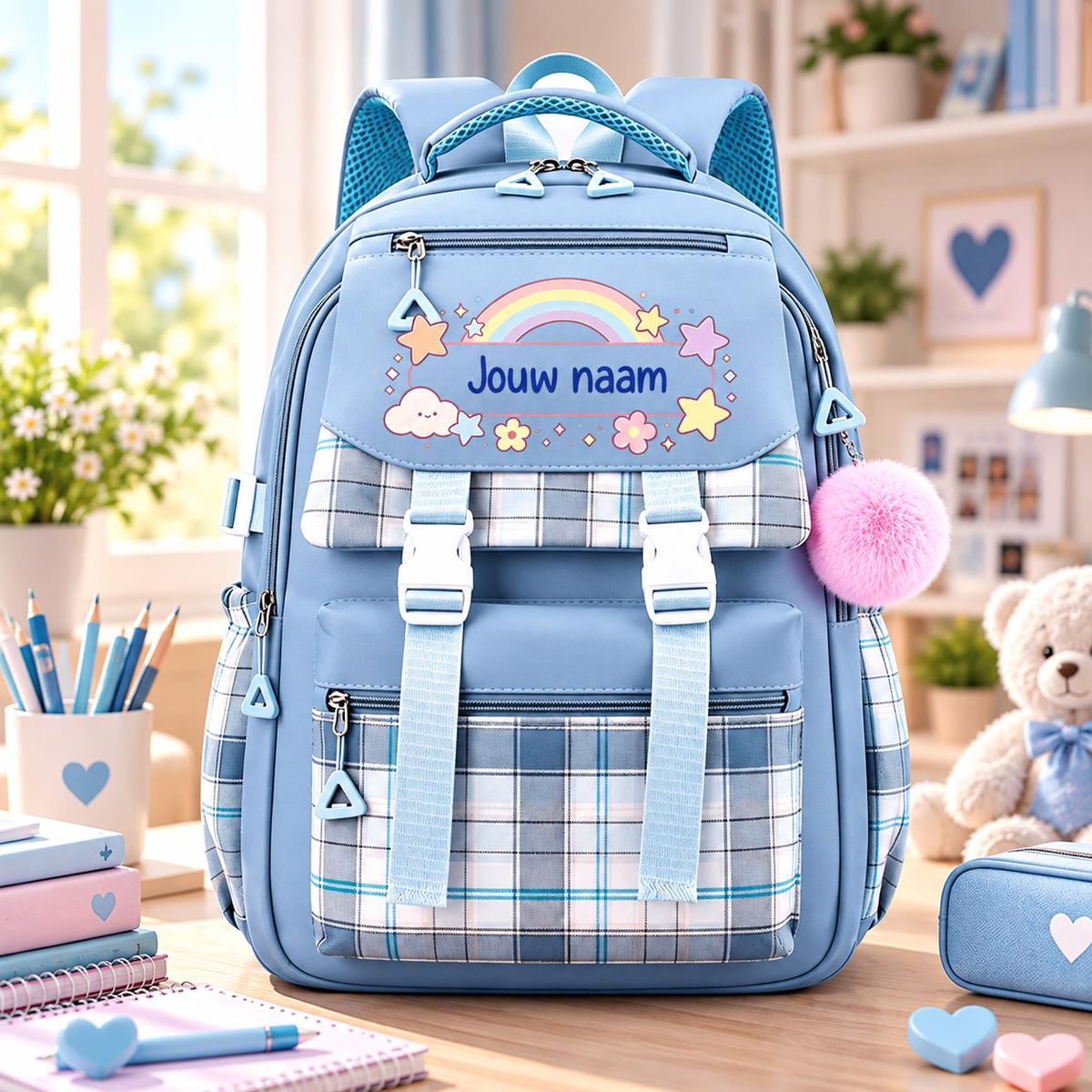 Blauwe RainbowPack schoolrugzak met naam op regenboogpatch