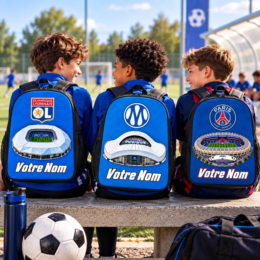 Ligue 1 rugzakken met naam — PSG, OL en OM gedragen door kinderen op het voetbalveld