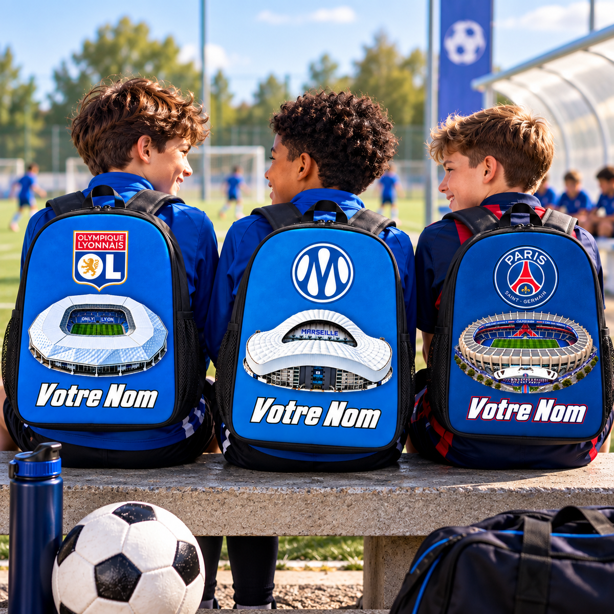 Ligue 1 rugzakken met naam — PSG, OL en OM gedragen door kinderen op het voetbalveld