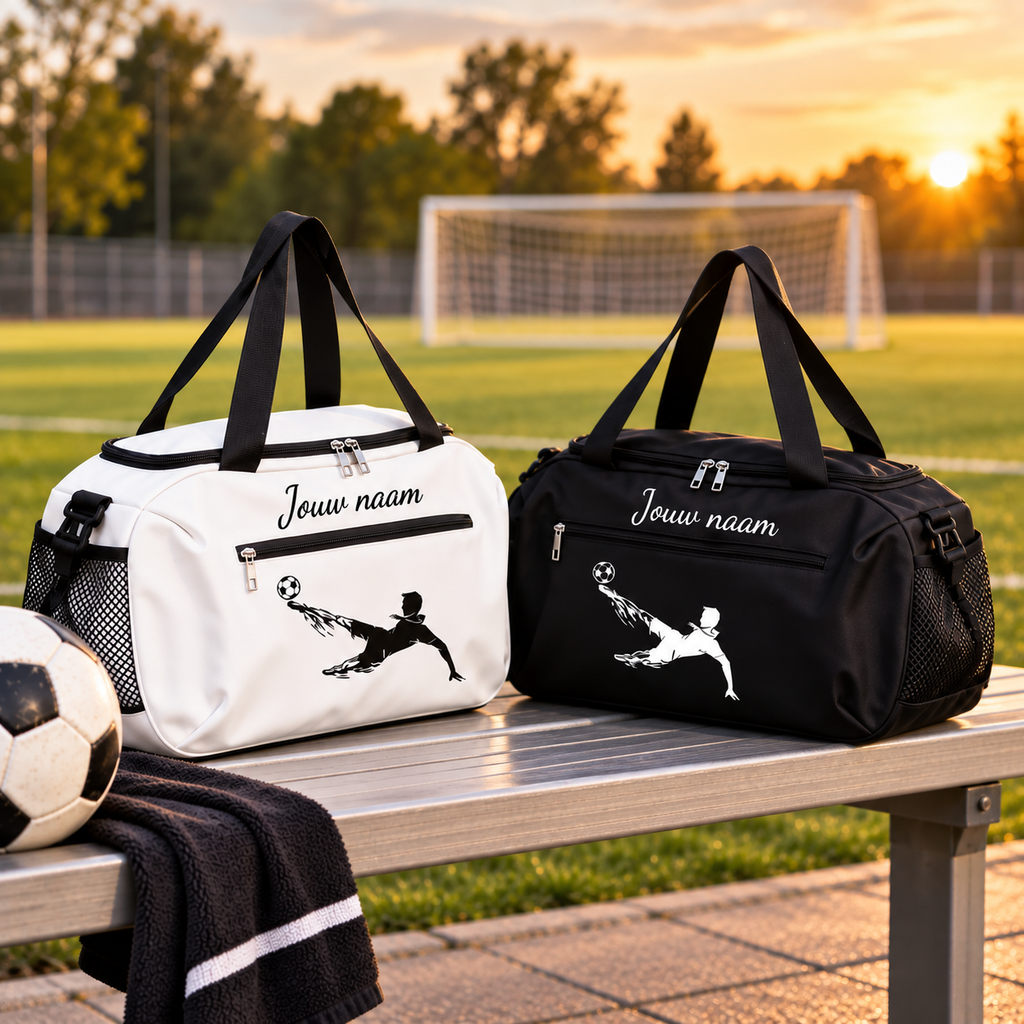 Voetbal sporttas met naam in wit en zwart op een bankje langs het veld