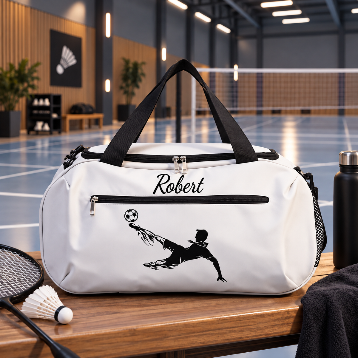 Witte voetbal sporttas met naam Robert en voetballer-print in de sporthal