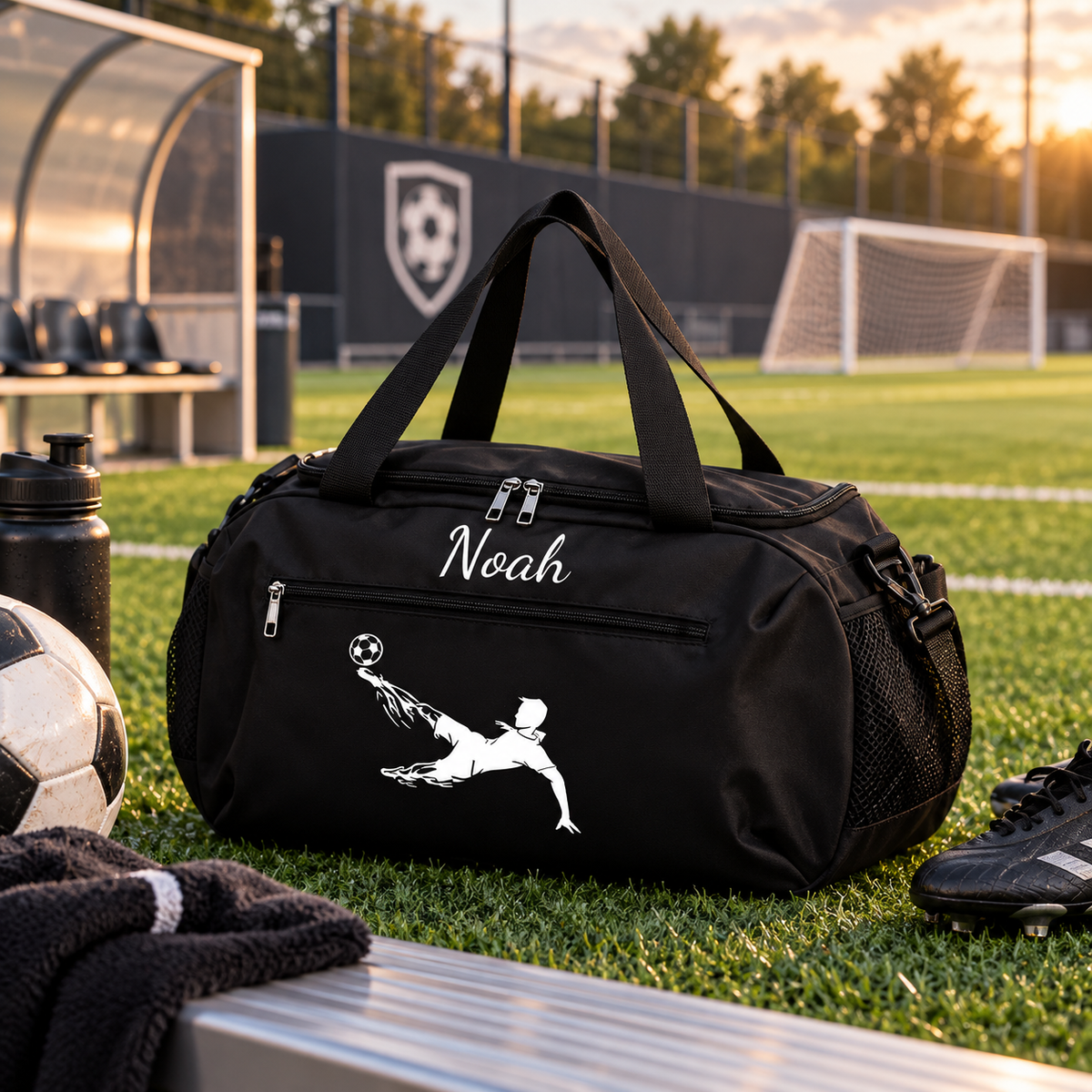 Zwarte voetbal sporttas met naam Noah en voetballer-print op het voetbalveld