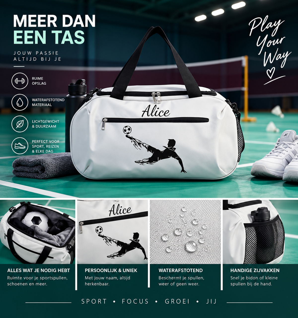 Kenmerken van de voetbal sporttas met naam: licht, waterafstotend, ruim en met schouderband